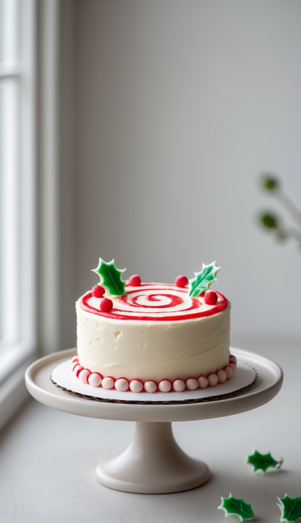 A festive cake with white frosting and a red spiral design on top, decorated with red gumdrops and green holly leaf accents, placed on a cake stand near a window.