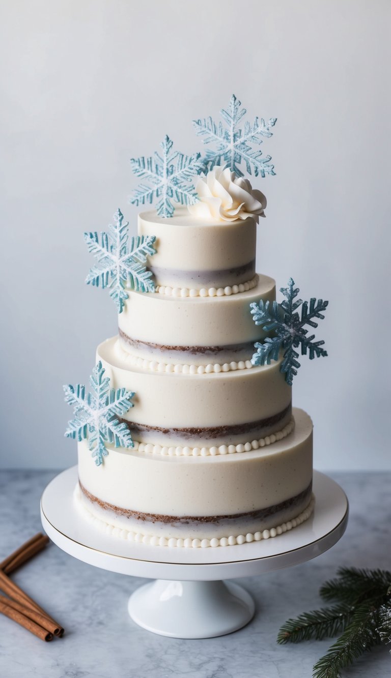 A winter wonderland cake with chai spiced layers, adorned with icy decorations and snowflakes