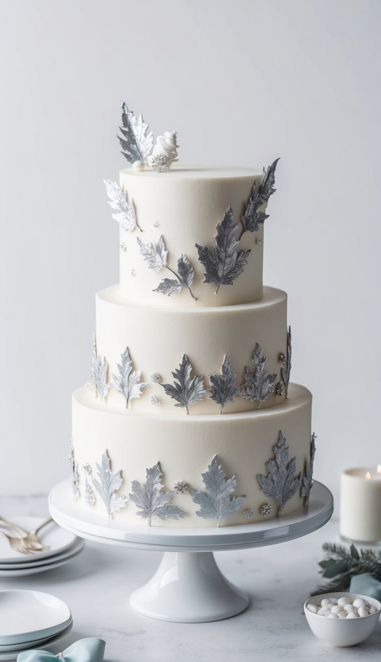 A winter wonderland cake adorned with silver leaf embellishments and icy decorations