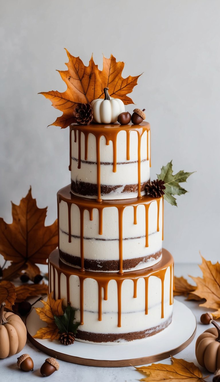 A rustic salted caramel drip cake surrounded by fall leaves and acorns