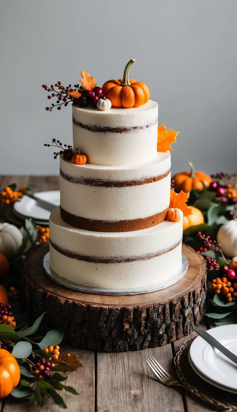 A rustic wooden table adorned with a cranberry orange pound cake surrounded by fall foliage and seasonal decorations