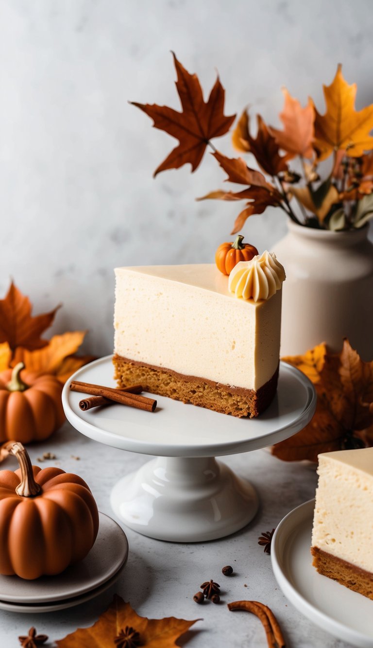 A slice of Vanilla Chai Cheesecake surrounded by fall-themed decorations, such as rust-colored leaves and warm-toned spices