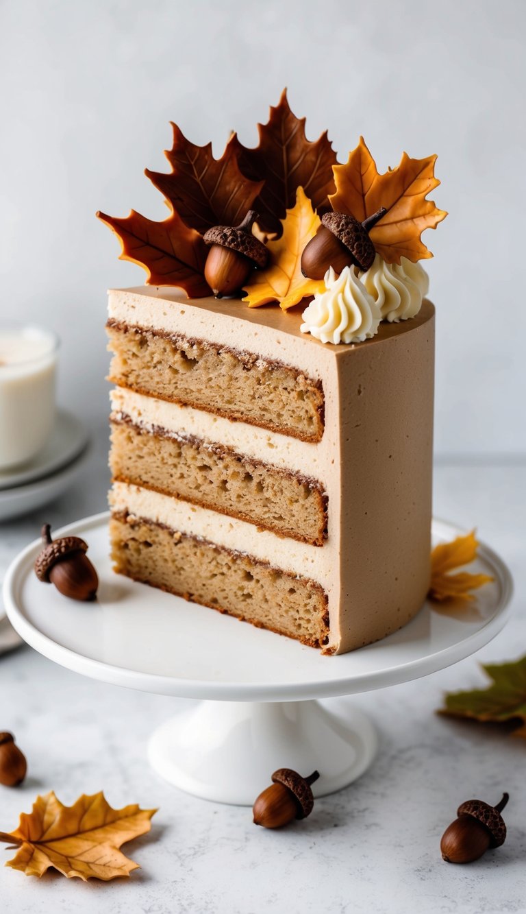 A slice of hazelnut mocha cake topped with fall leaves and acorns