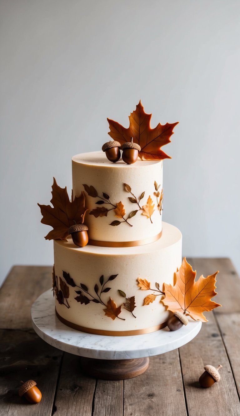 A butterscotch layer cake adorned with autumn leaves and acorns on a rustic wooden table