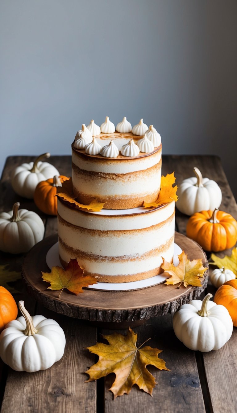 A rustic wooden table adorned with a toasted marshmallow cake surrounded by autumn leaves and pumpkins