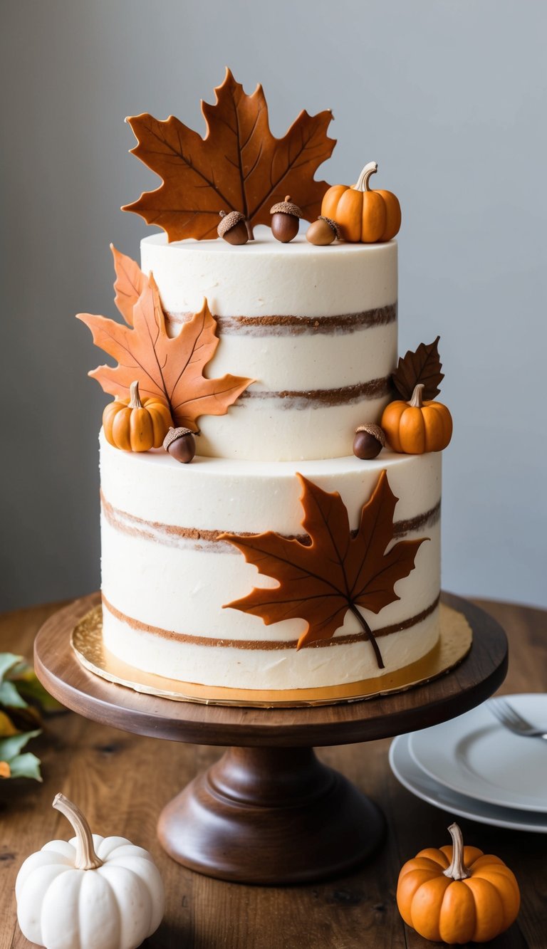 A coconut rum cake decorated with fall-themed elements, such as rust-colored leaves, acorns, and pumpkins, sits on a wooden table