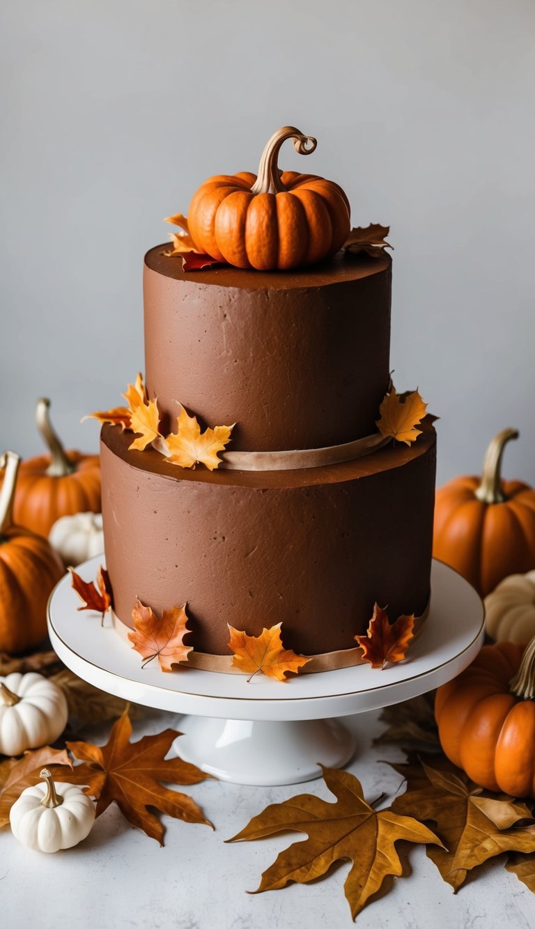 A double chocolate pumpkin cake surrounded by fall leaves and rustic decorations