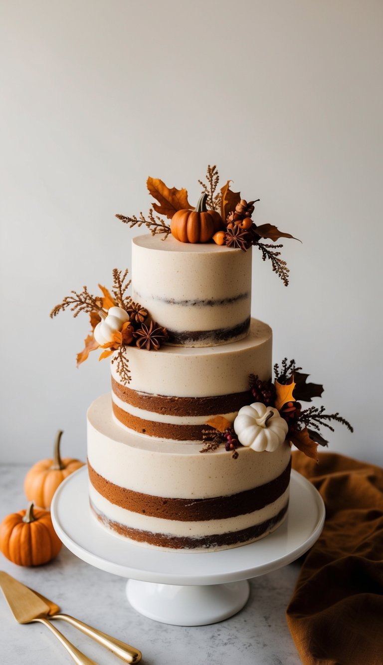 A rustic vanilla spice cake adorned with fall foliage and warm spices