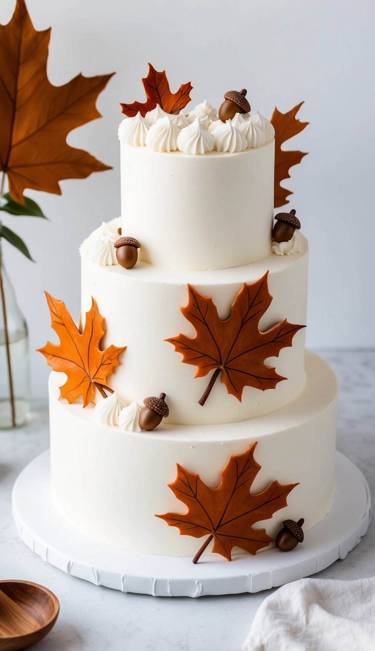 A white chocolate peppermint cake adorned with rust-colored fall leaves and acorns