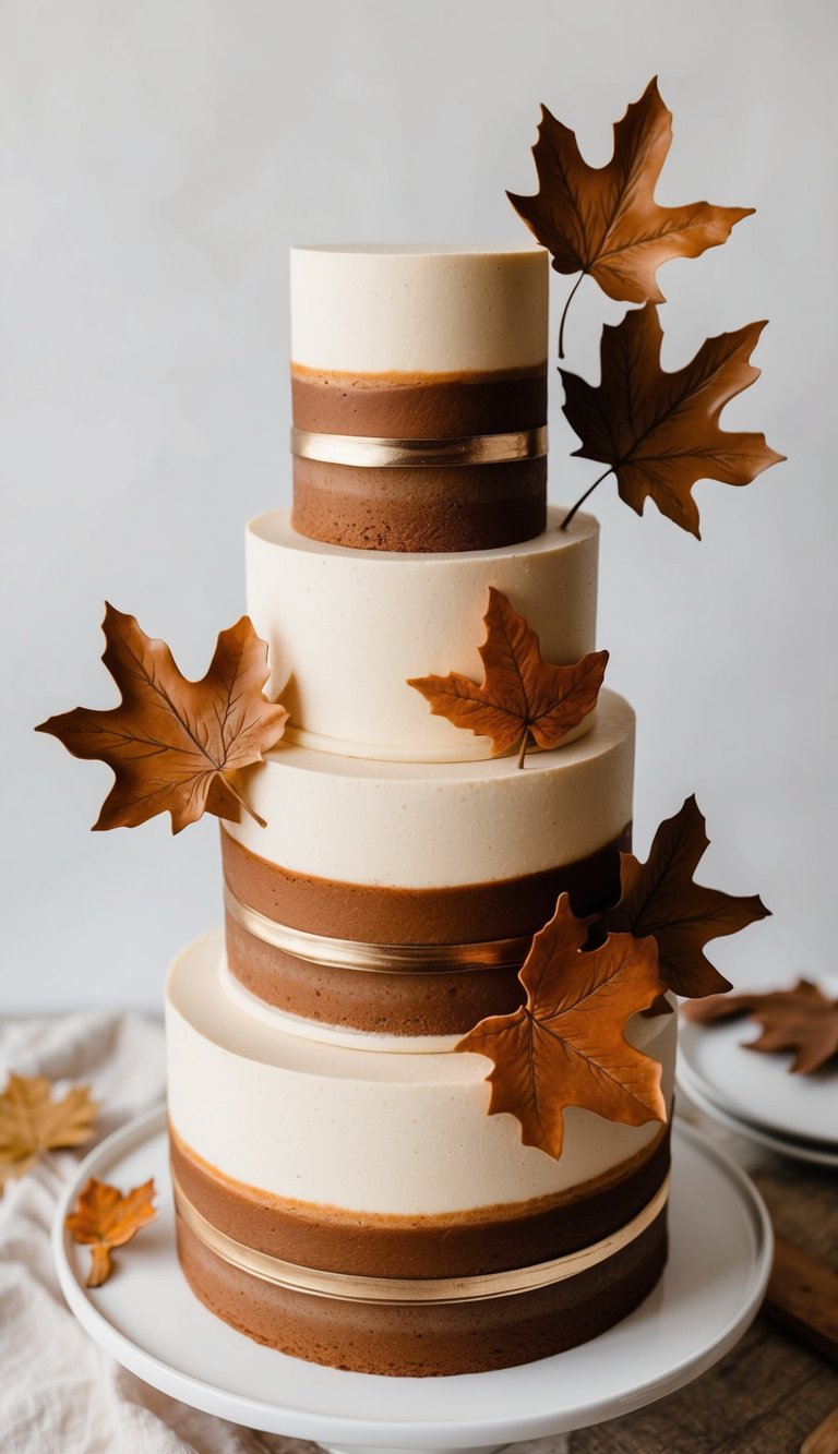 A spiced rum cake adorned with fall leaves and rust-colored decorations