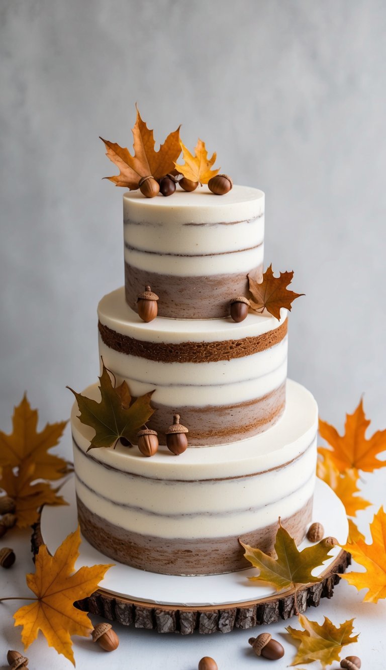 A rustic hickory nut cake surrounded by autumn leaves and acorns