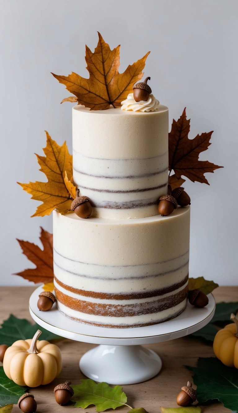 A rustic nutmeg custard cake surrounded by autumn leaves and acorns