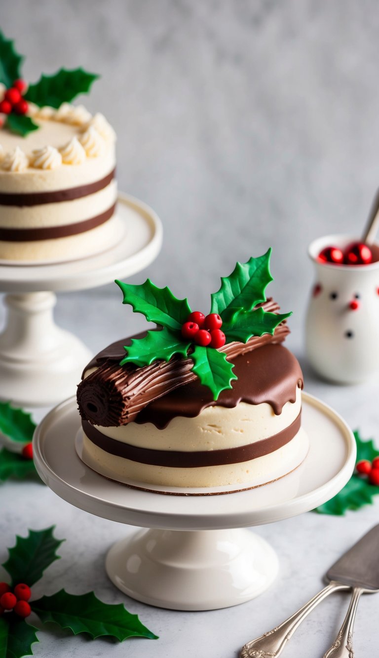 A mini Yule log cake sits adorned with chocolate ganache and holly leaves, surrounded by festive Christmas decorations