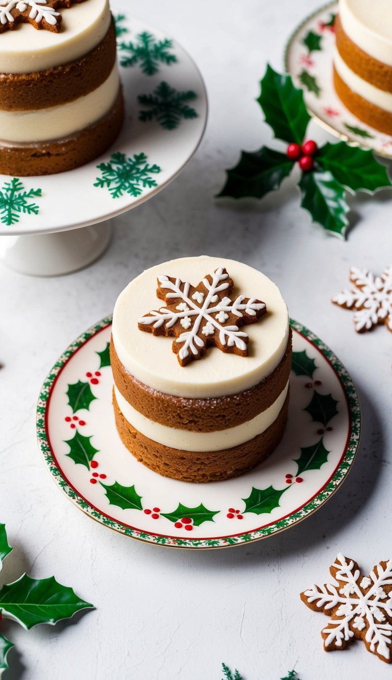 A mini cake adorned with edible gingerbread snowflakes sits on a festive holiday-themed plate surrounded by holly and snowflake decorations