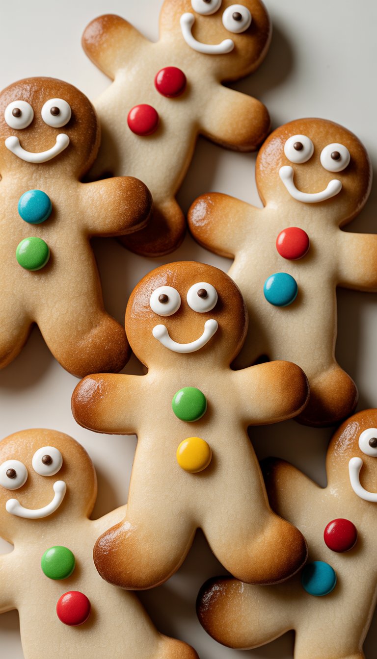 Closeup of several gingerbread man cookies decorated with candy button eyes and smiling faces, arranged neatly on a plain background.