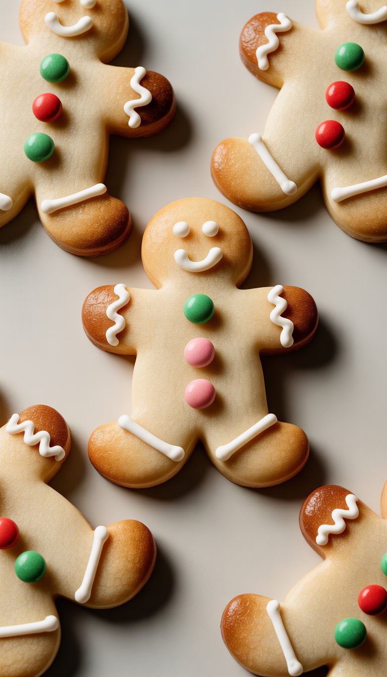 Close-up view of several decorated gingerbread man cookies with candy arms and legs arranged on a clean surface.