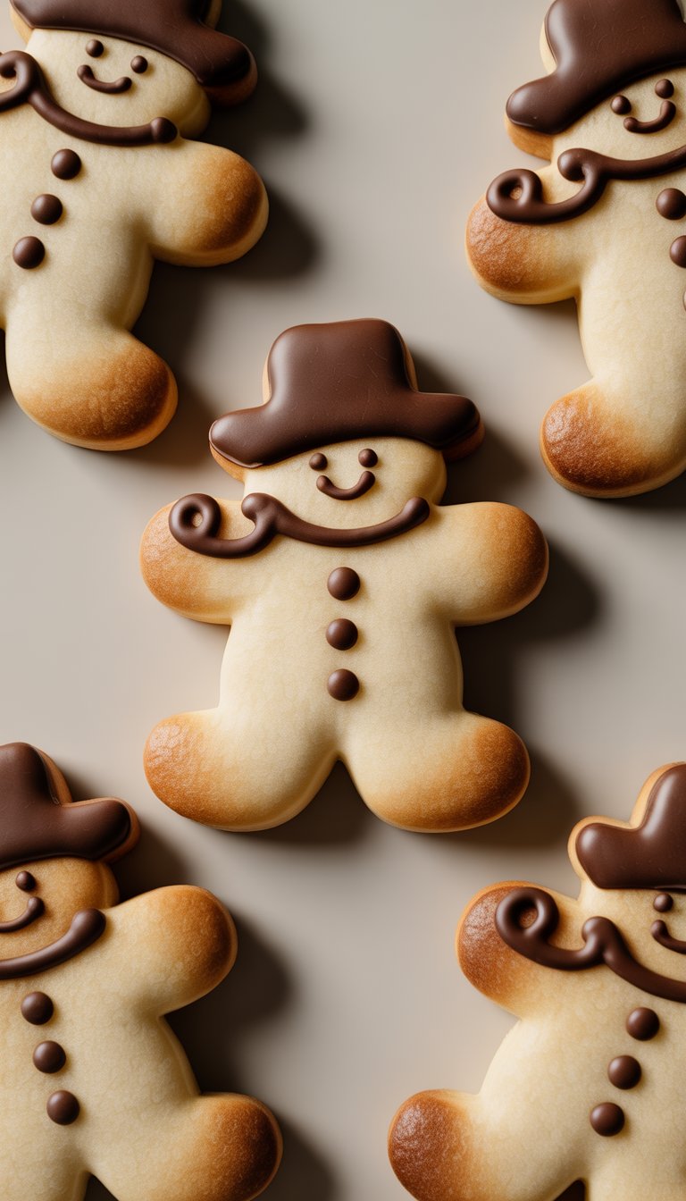 Close-up of several decorated gingerbread man sugar cookies with chocolate hats on a plain background.