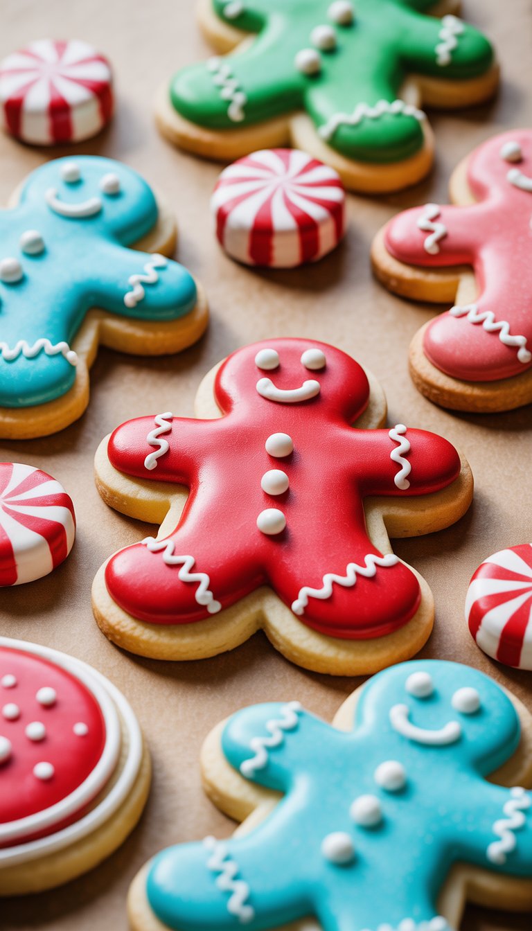 Closeup view of several decorated sugar cookies with peppermint stick accents and gingerbread man shapes on a clean background.