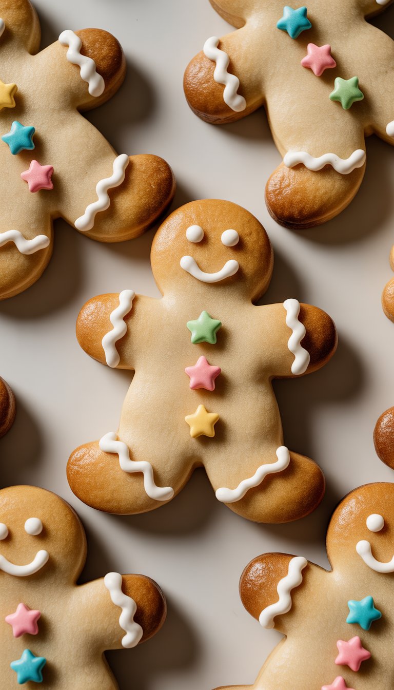 Close-up view of several decorated gingerbread man cookies with colorful star-shaped candy sprinkles on a plain background.
