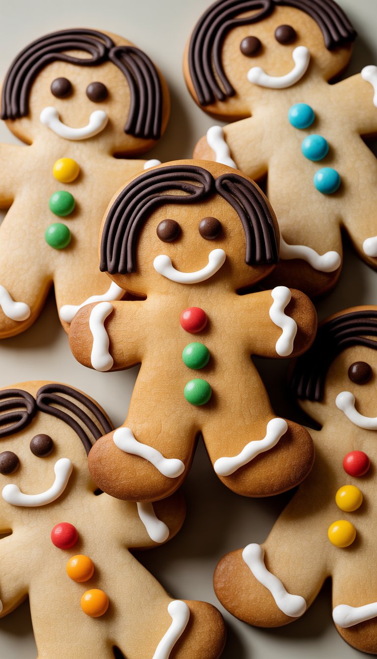 A group of decorated gingerbread cookies shaped like people, each with chocolate frosting hair, colorful candy buttons, and white icing details for their smiles and trim.