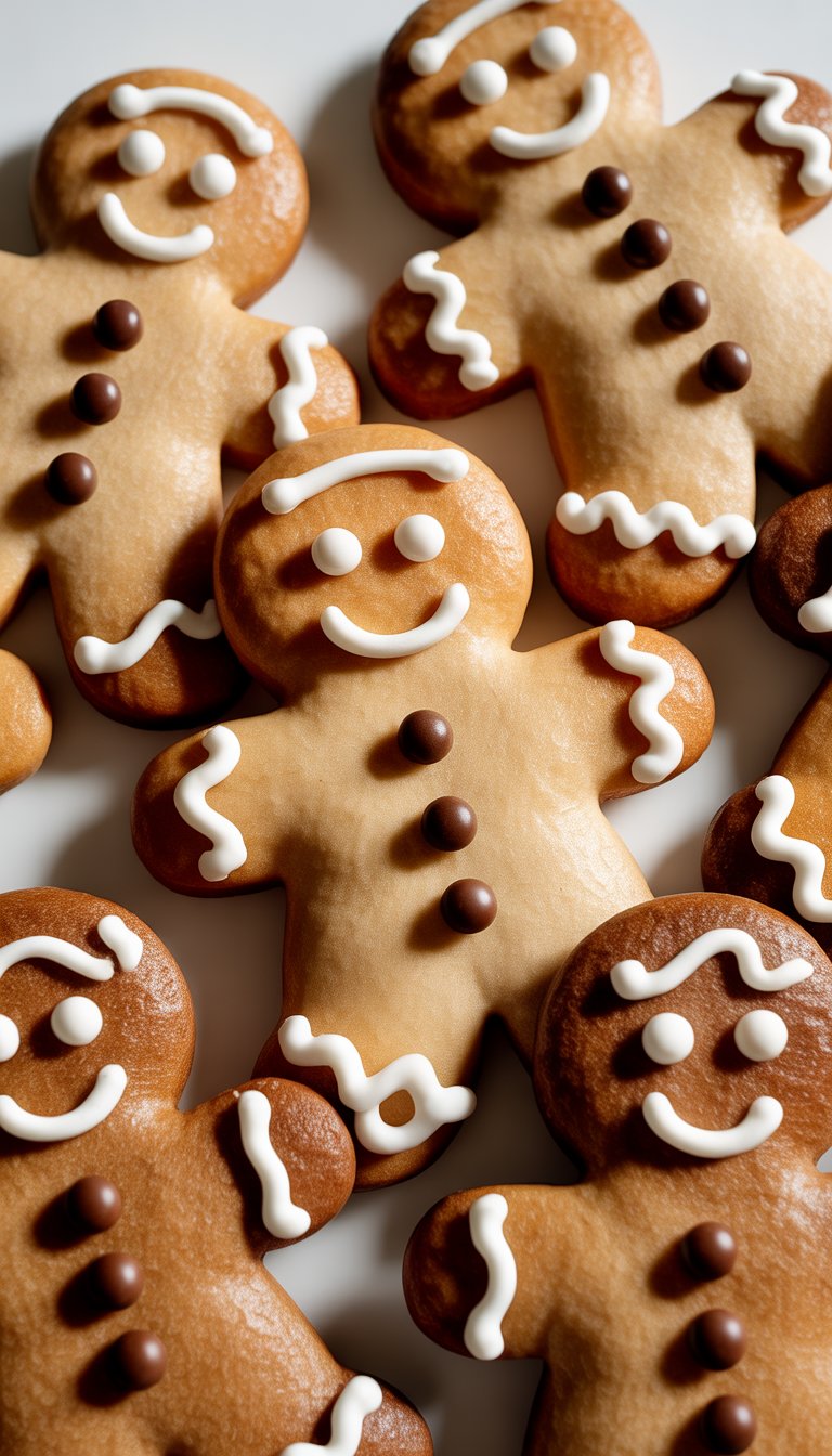 Close-up view of several decorated gingerbread man cookies with chocolate chip details arranged neatly on a plain background.