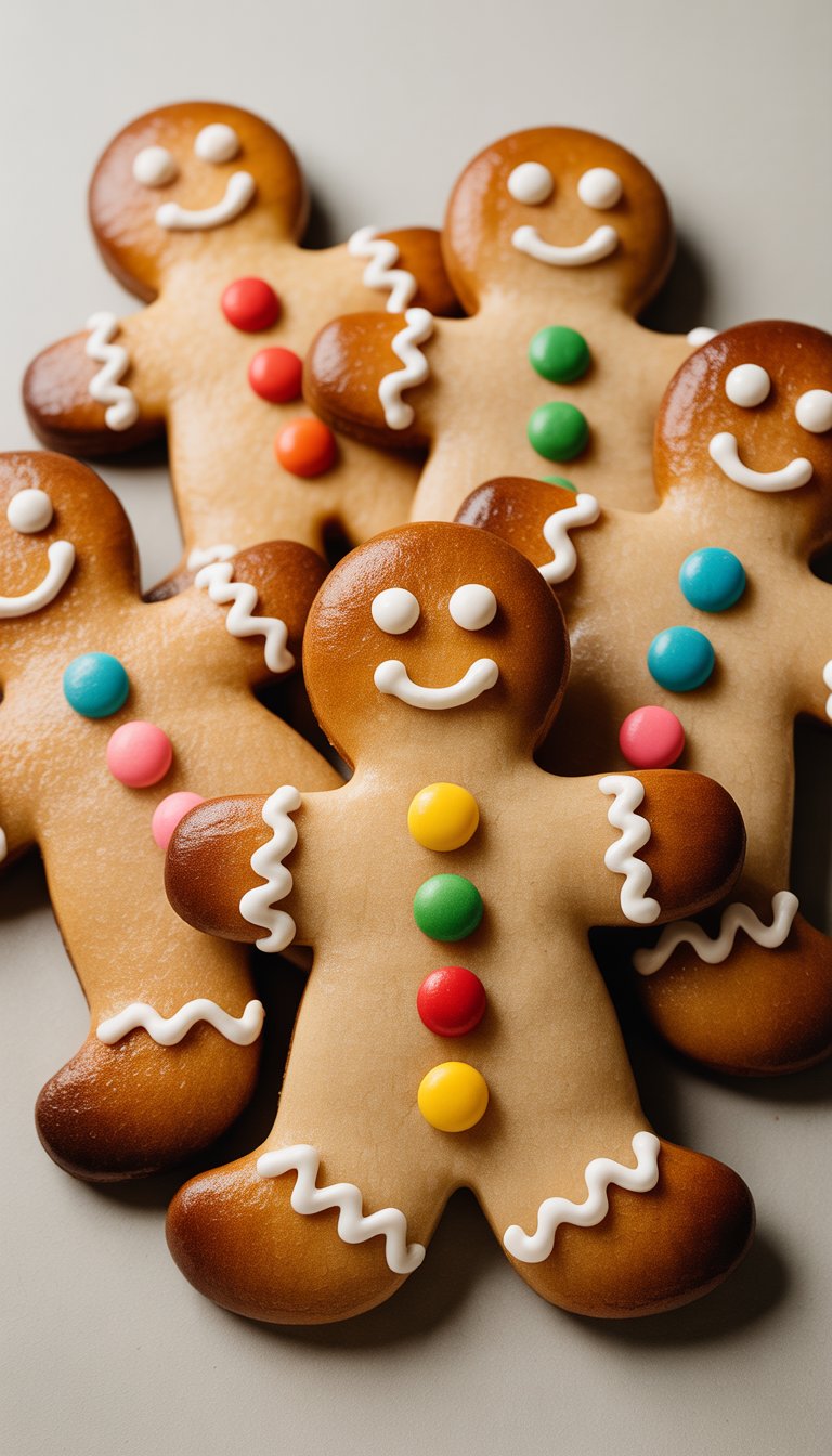 Close-up view of several gingerbread man cookies decorated with colorful polka dot icing on a plain background.