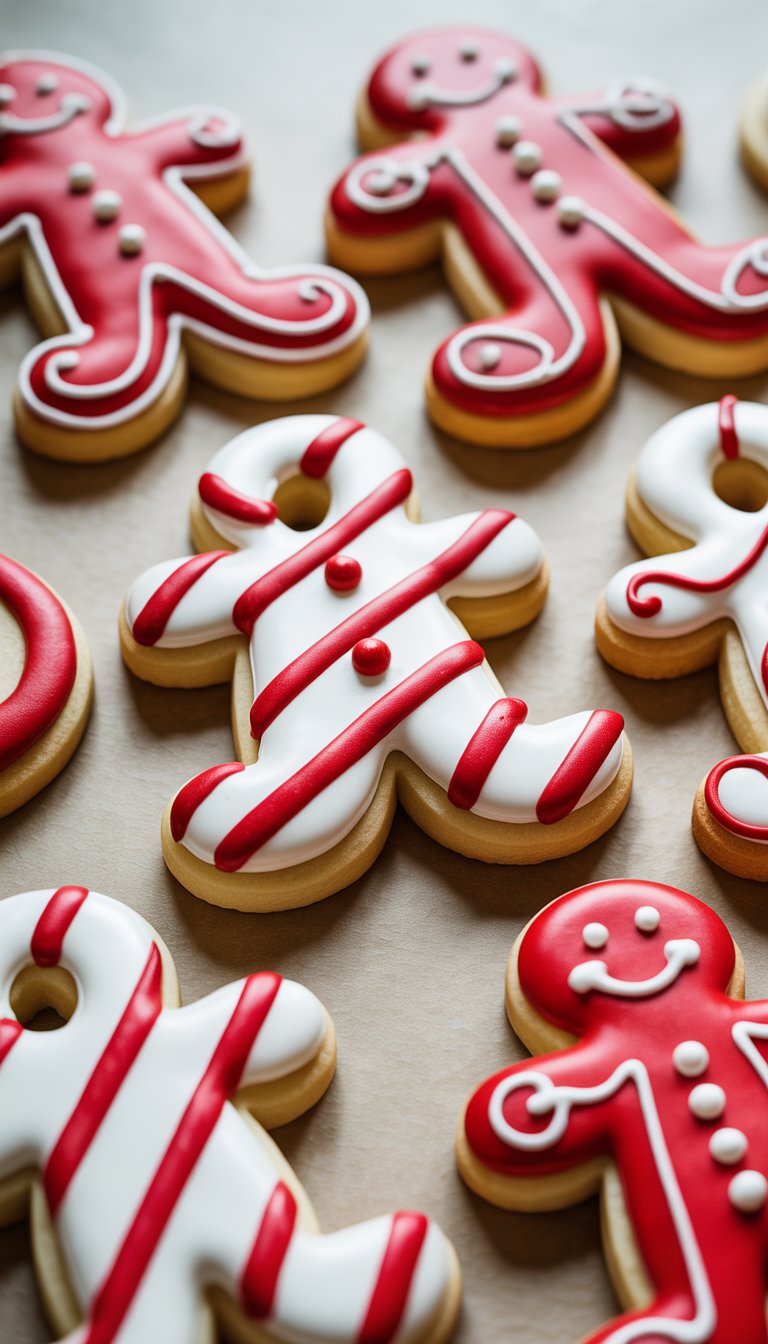 Close-up view of several decorated sugar cookies with candy cane stripes and gingerbread man designs on a clean background.