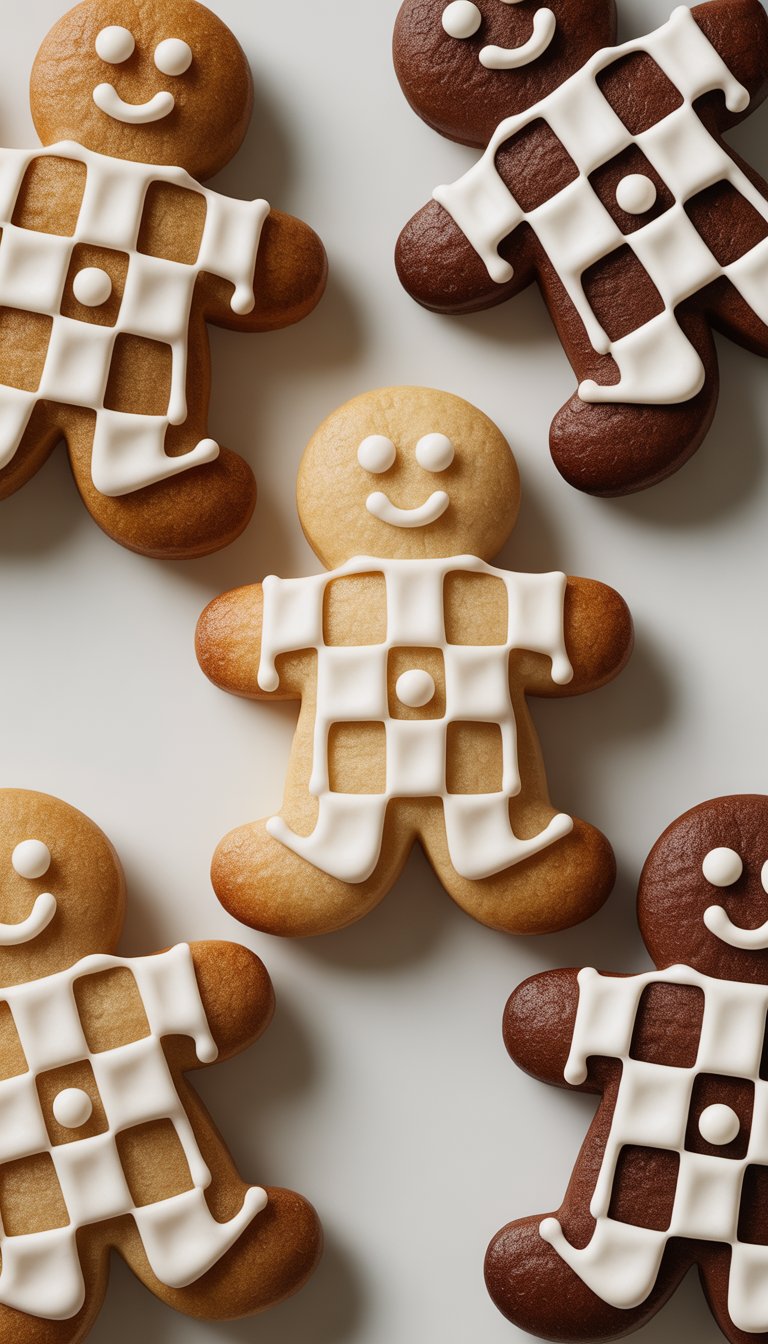 Close-up of several gingerbread man cookies decorated with detailed royal icing on a clean background.