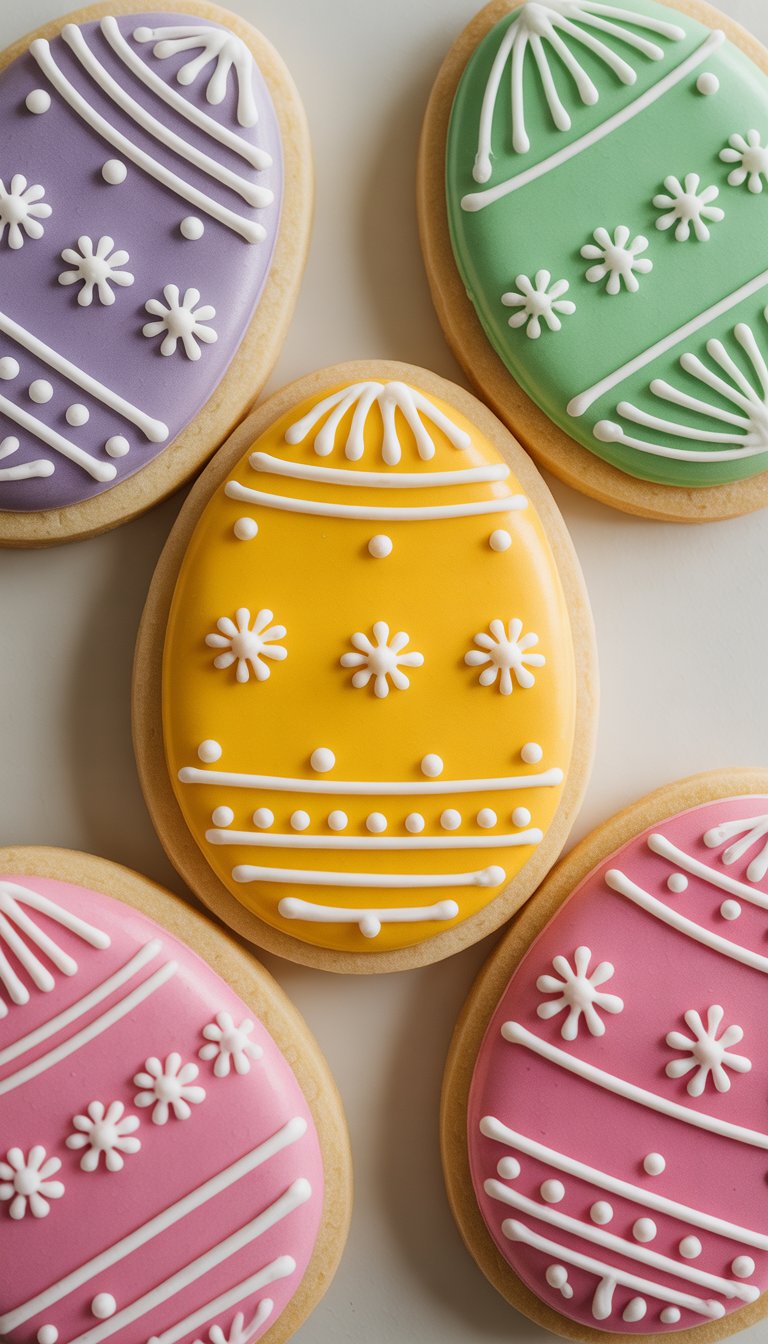 Closeup of several oval Easter egg shaped sugar cookies decorated with colorful icing, arranged on a clean surface.