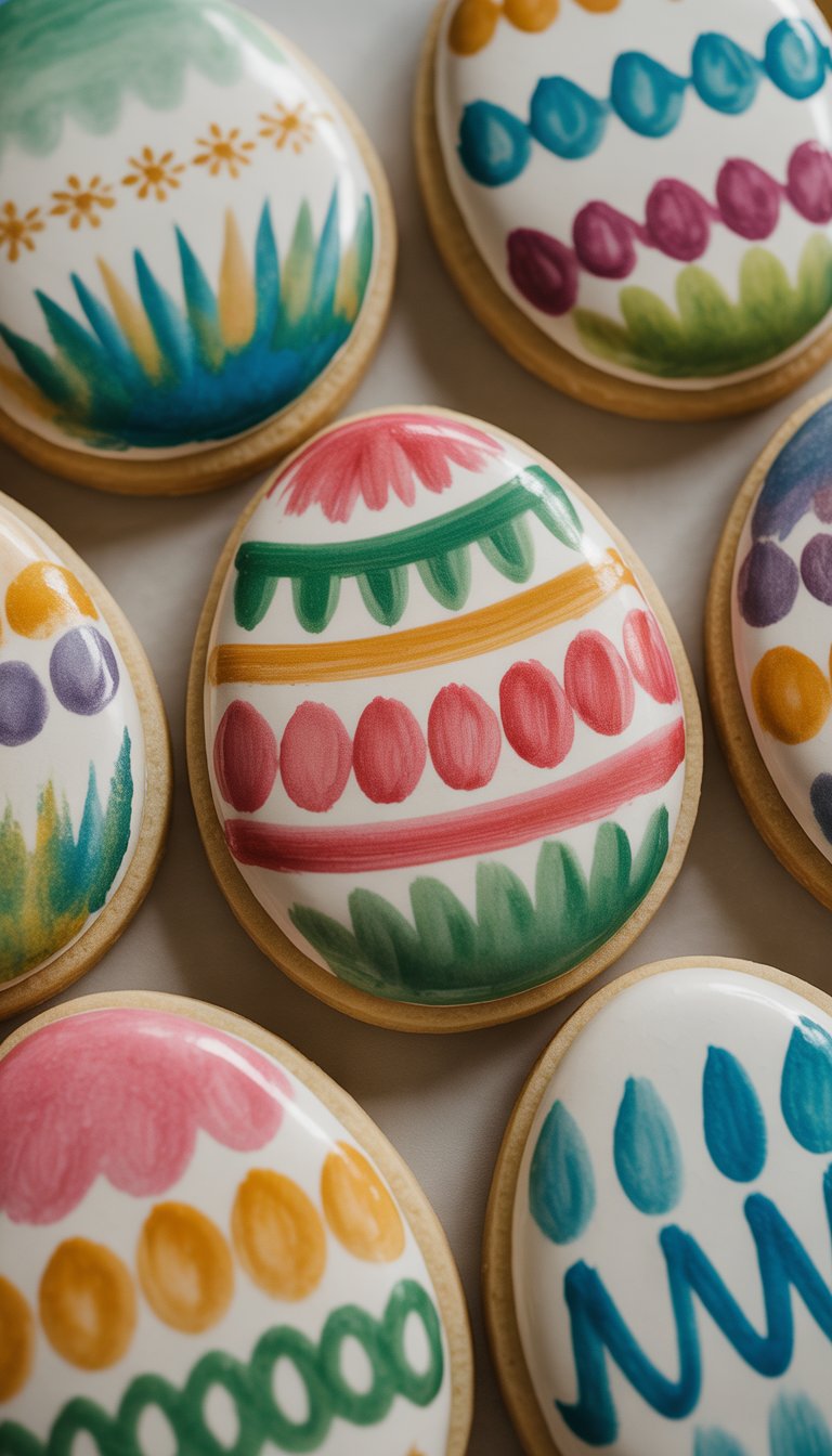 Close-up of several decorated Easter egg sugar cookies arranged on a clean surface.