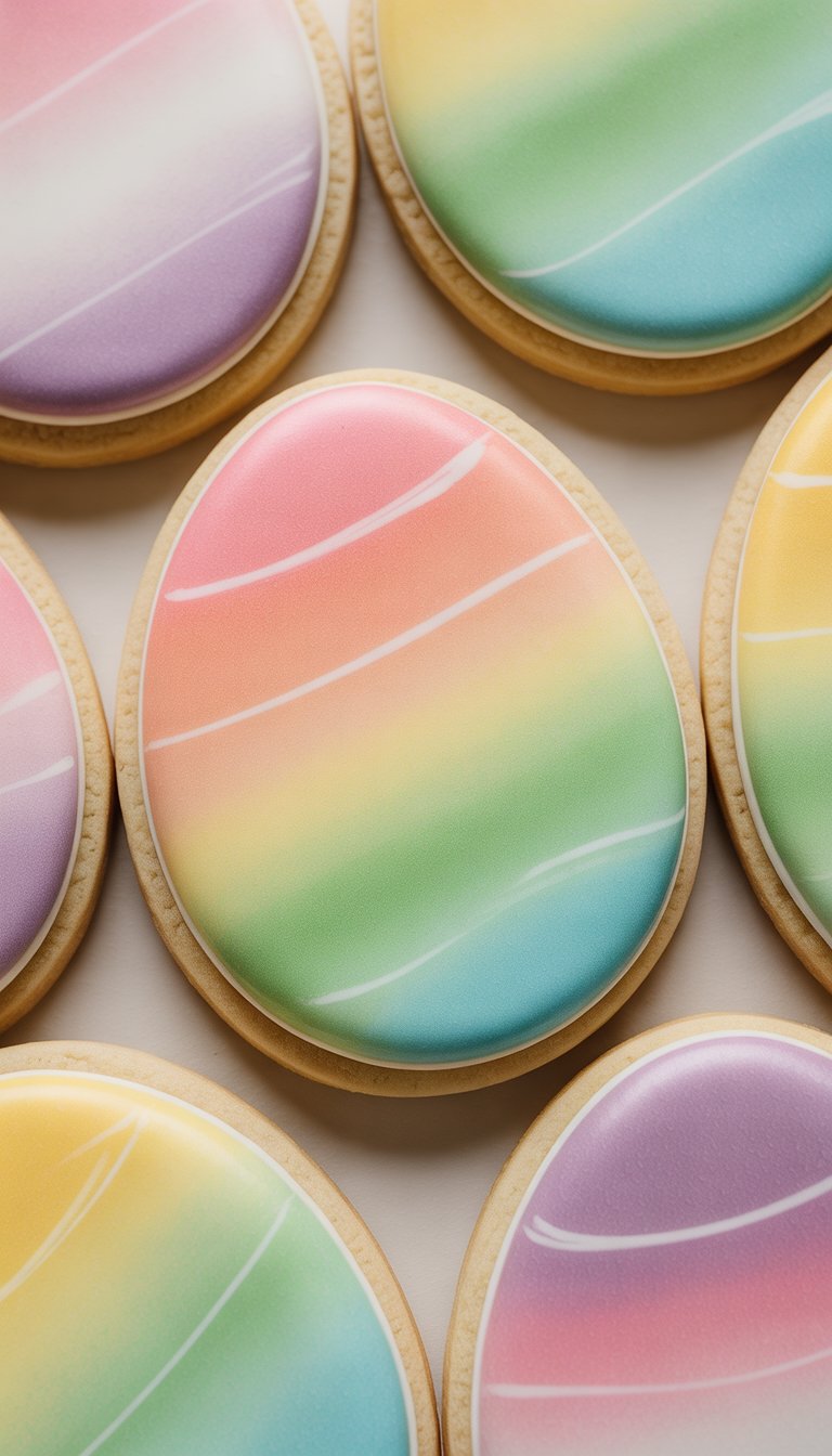 Closeup of several decorated Easter egg sugar cookies with smooth pastel color gradients on a clean background.
