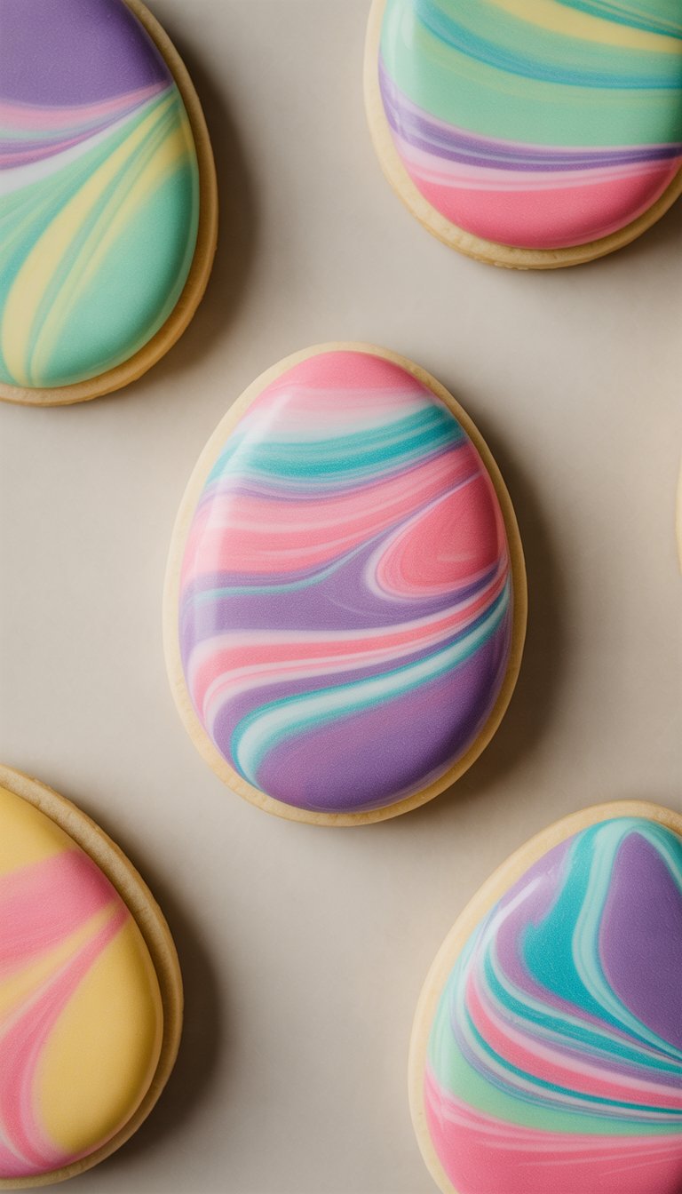 Closeup of several decorated Easter egg sugar cookies with marbled icing patterns on a plain background.