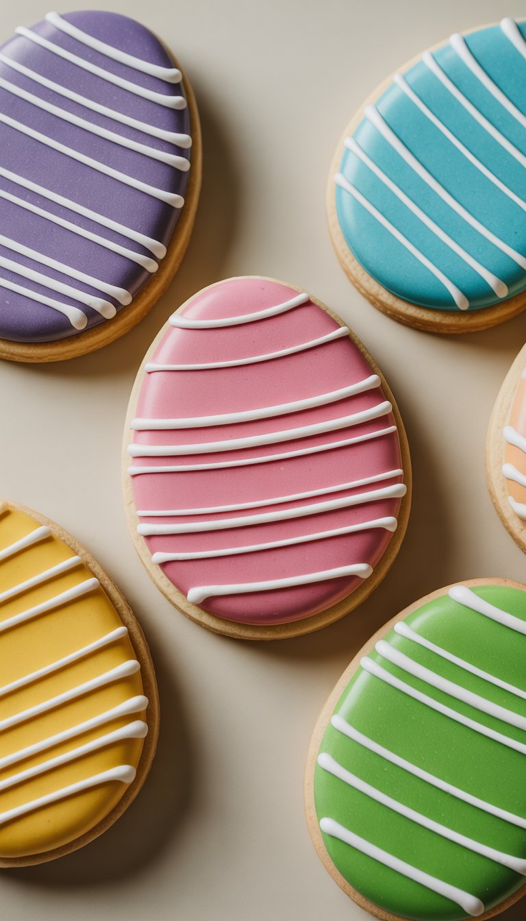 Closeup of several decorated striped Easter egg sugar cookies on a clean background.