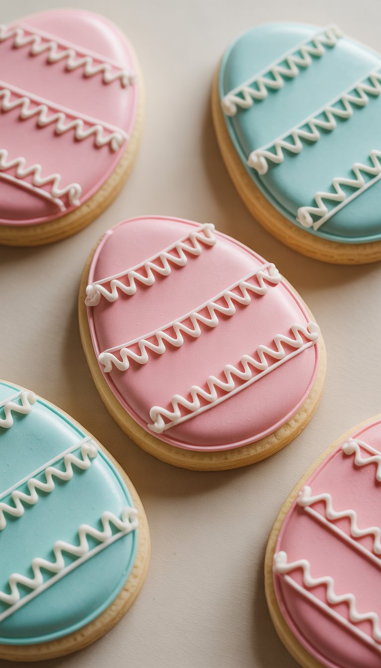 Closeup of several Easter egg-shaped sugar cookies decorated with chevron zigzag patterns in pastel colors, arranged neatly on a plain background.