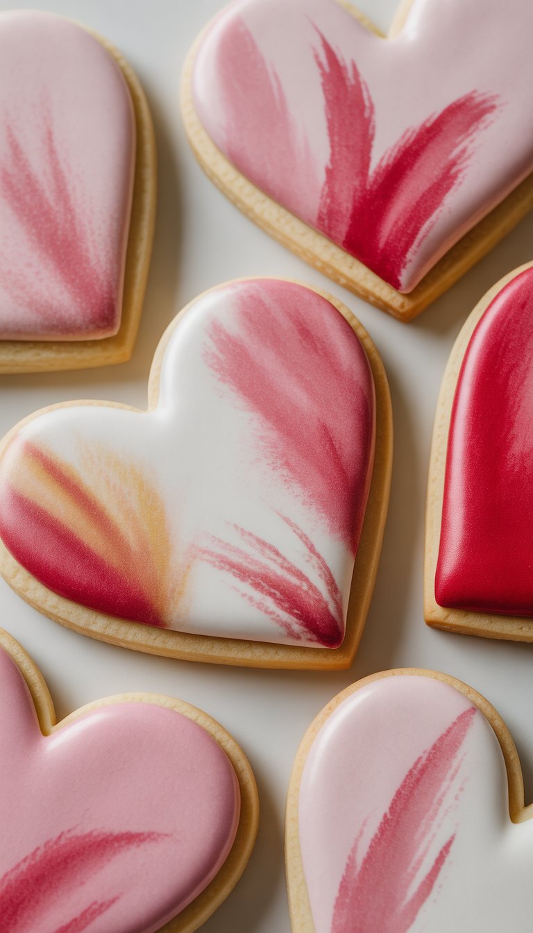 Close-up image of several heart-shaped sugar cookies decorated with painted icing designs on a clean background.