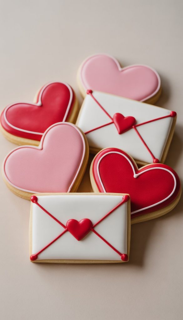Heart-shaped and envelope-shaped cookies decorated with pink and red icing, featuring heart motifs.