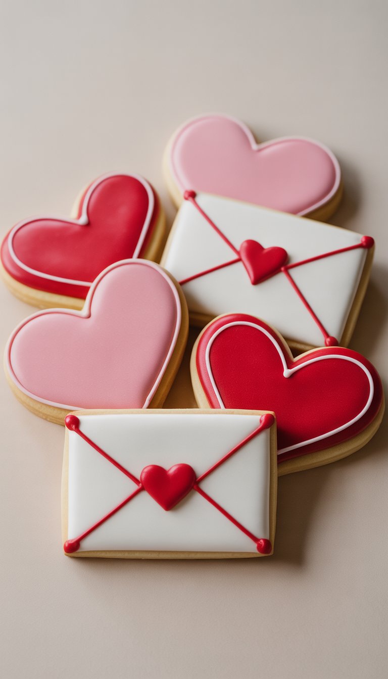 Close-up image of several decorated sugar cookies shaped like love letters and hearts arranged on a clean surface.