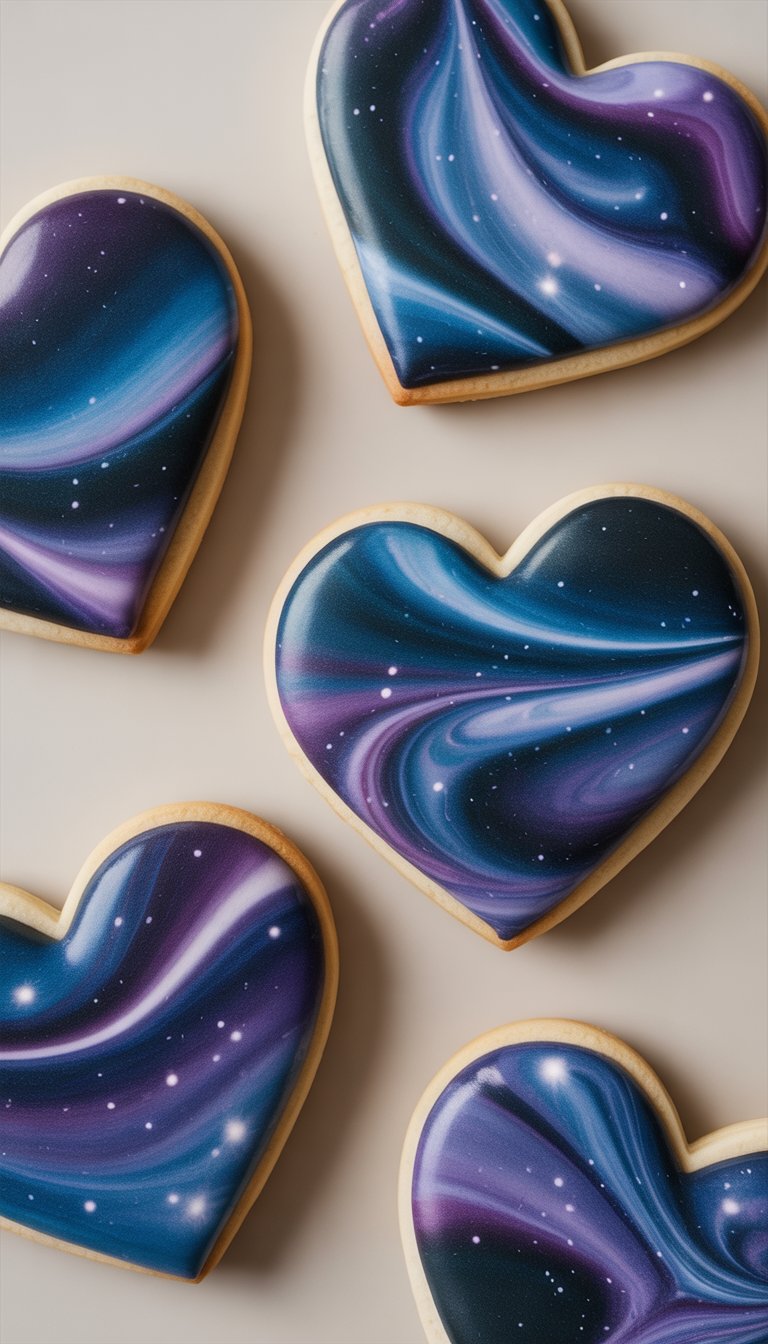 Closeup of several heart-shaped sugar cookies decorated with marbled galaxy patterns in blue, purple, and black on a plain background.