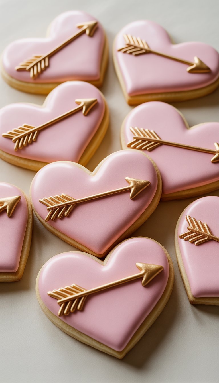 Close-up view of several heart-shaped sugar cookies decorated with arrows and gold accents on a plain background.