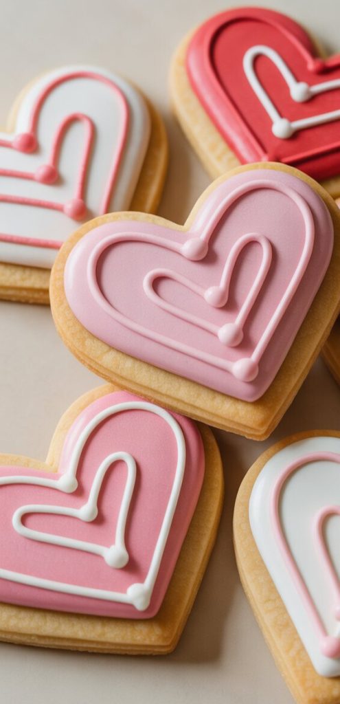 Heart-shaped cookies with pink, white, and red icing, decorated with white piped designs, arranged on a light surface.