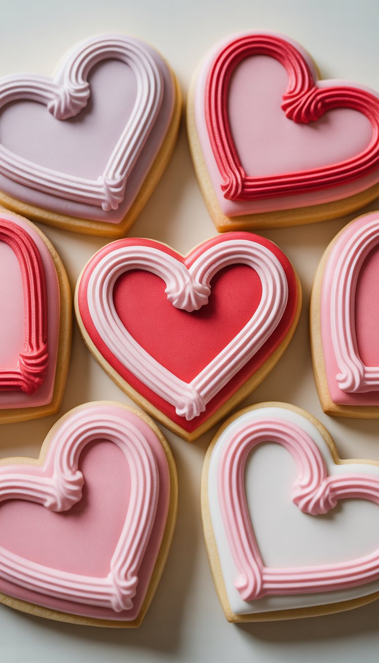 Close-up view of several heart-shaped sugar cookies decorated with swirled royal icing on a clean background.