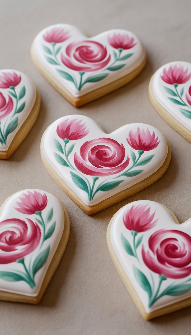 Closeup of several heart-shaped sugar cookies decorated with colorful floral designs on a plain background.