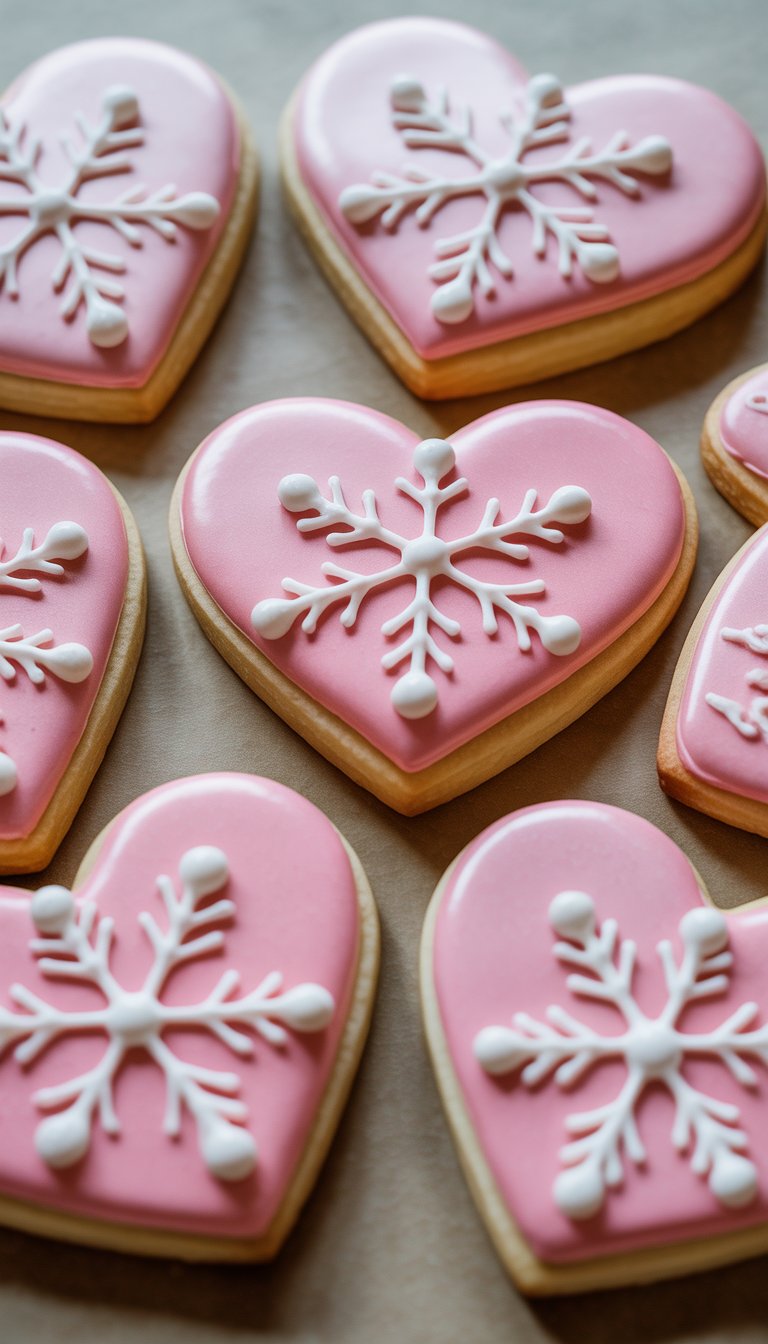Close-up view of several heart-shaped sugar cookies decorated with snowflake patterns on a clean background.