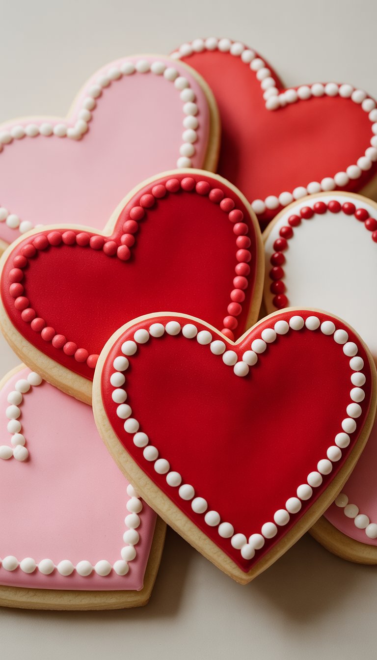 Closeup of several heart-shaped sugar cookies decorated with dot pattern outlines, arranged on a clean surface.