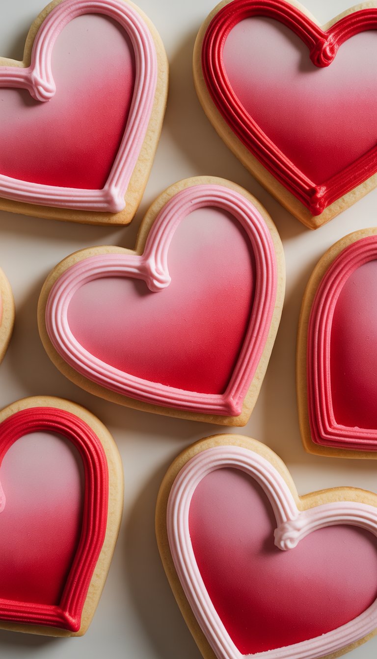 Closeup of several heart-shaped sugar cookies with pink and red ombre frosting arranged on a clean surface.