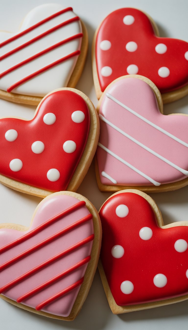 Closeup of several heart-shaped sugar cookies decorated with polka dots and stripes in red, pink, and white colors on a clean background.