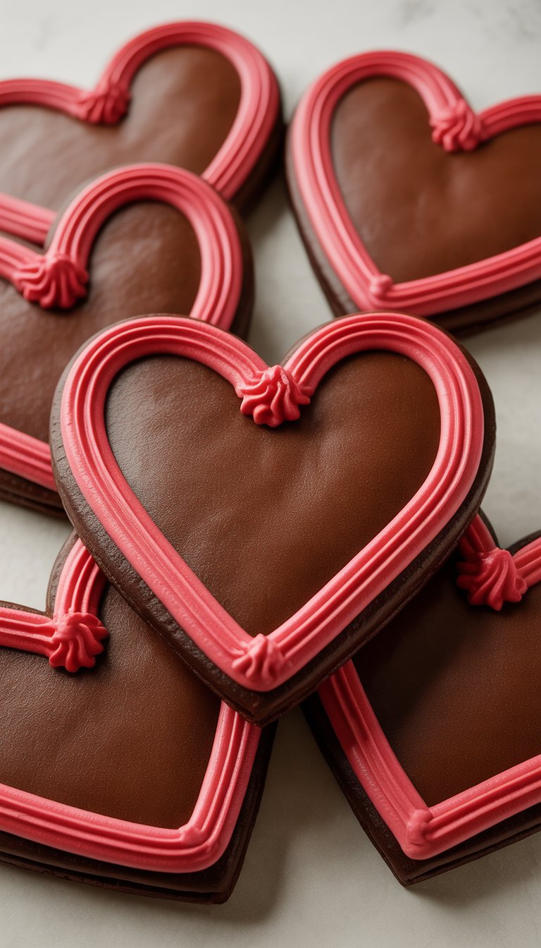 Close-up view of several heart-shaped double chocolate cookies decorated with royal icing on a clean background.