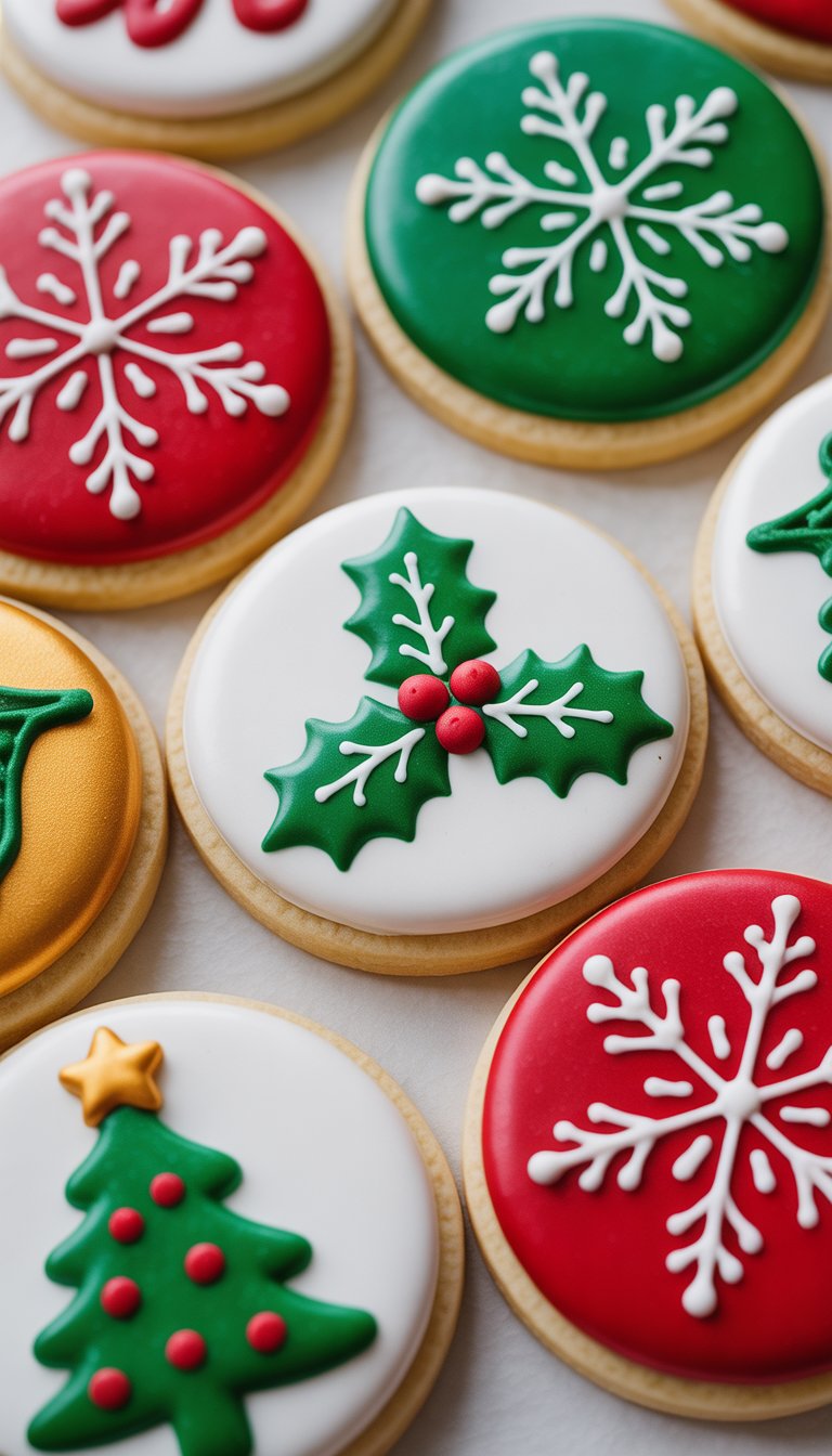 Close-up view of several decorated Christmas sugar cookies with detailed festive designs on a clean background.