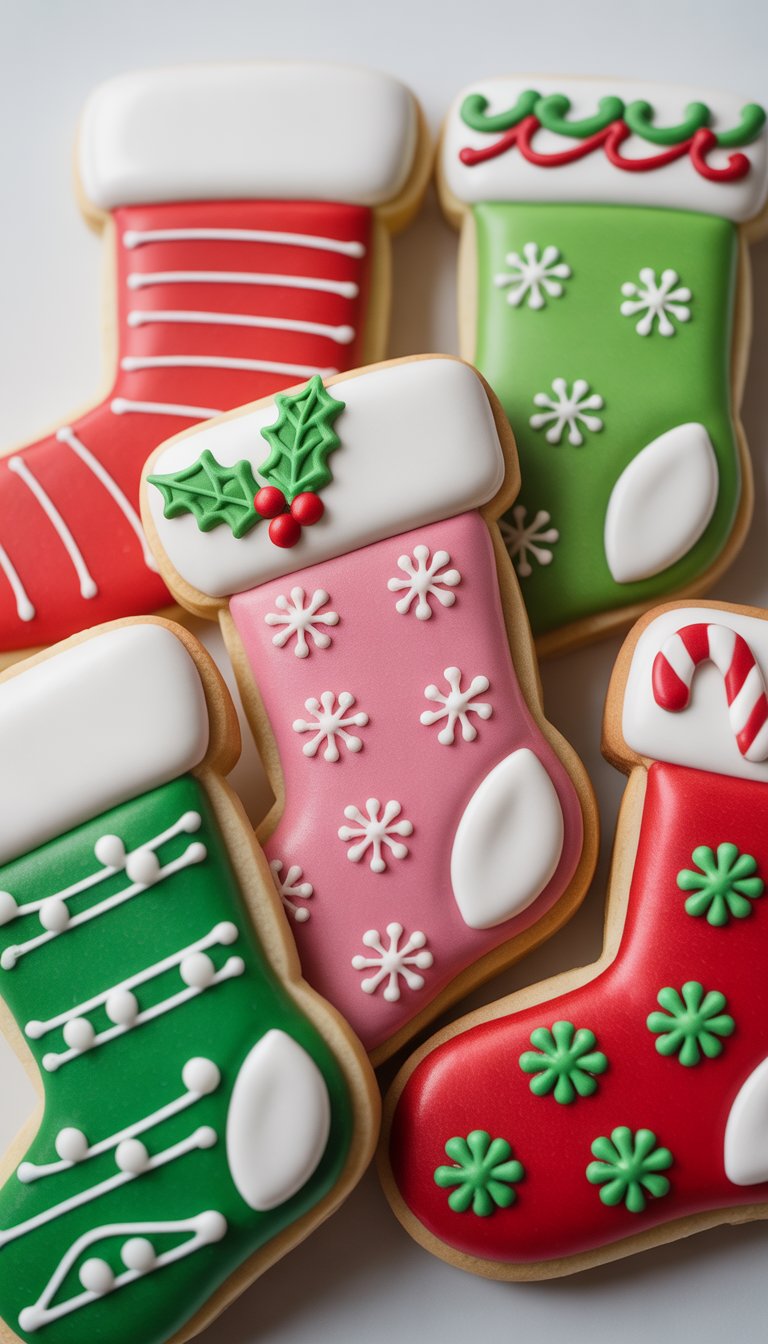Festive Christmas stocking cookies decorated with colorful icing; includes designs with holly, snowflakes, and candy canes in red, green, and pink hues.