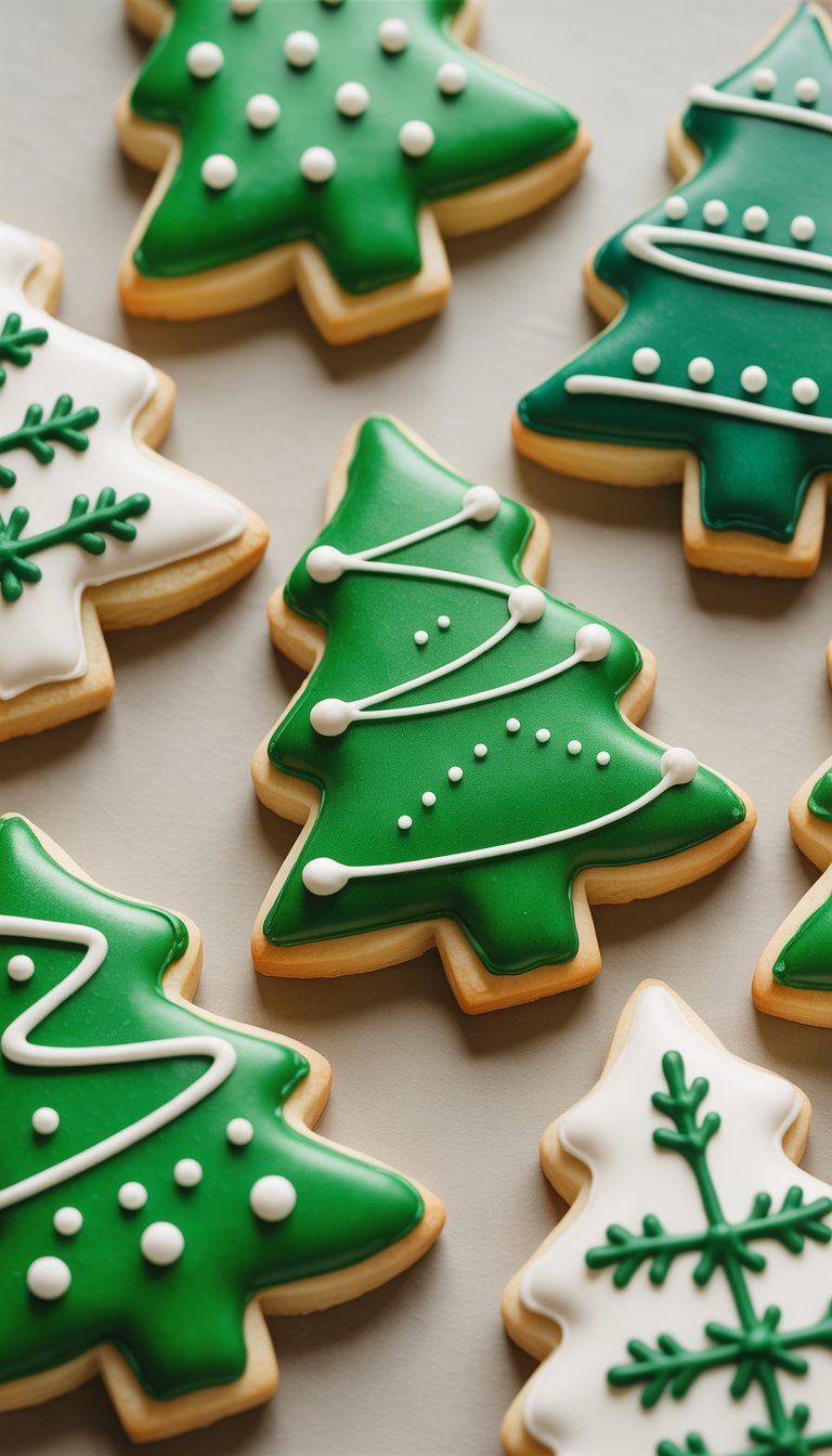 Closeup of several Christmas tree sugar cookies decorated with green and white icing on a plain background.
